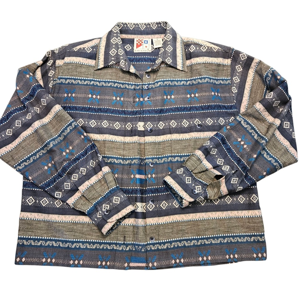 Vintage Citi Craze‎ Boho Cotton Aztec Blue Boxy Button-Up Shirt (90s Y2K) Size S